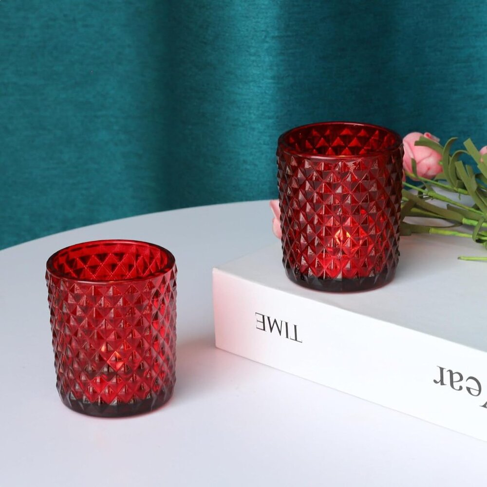 Red Votive Candle Holders Bulk Set of 12, Glass Tea Lights Candle Holder for Wed - Picture 7 of 9